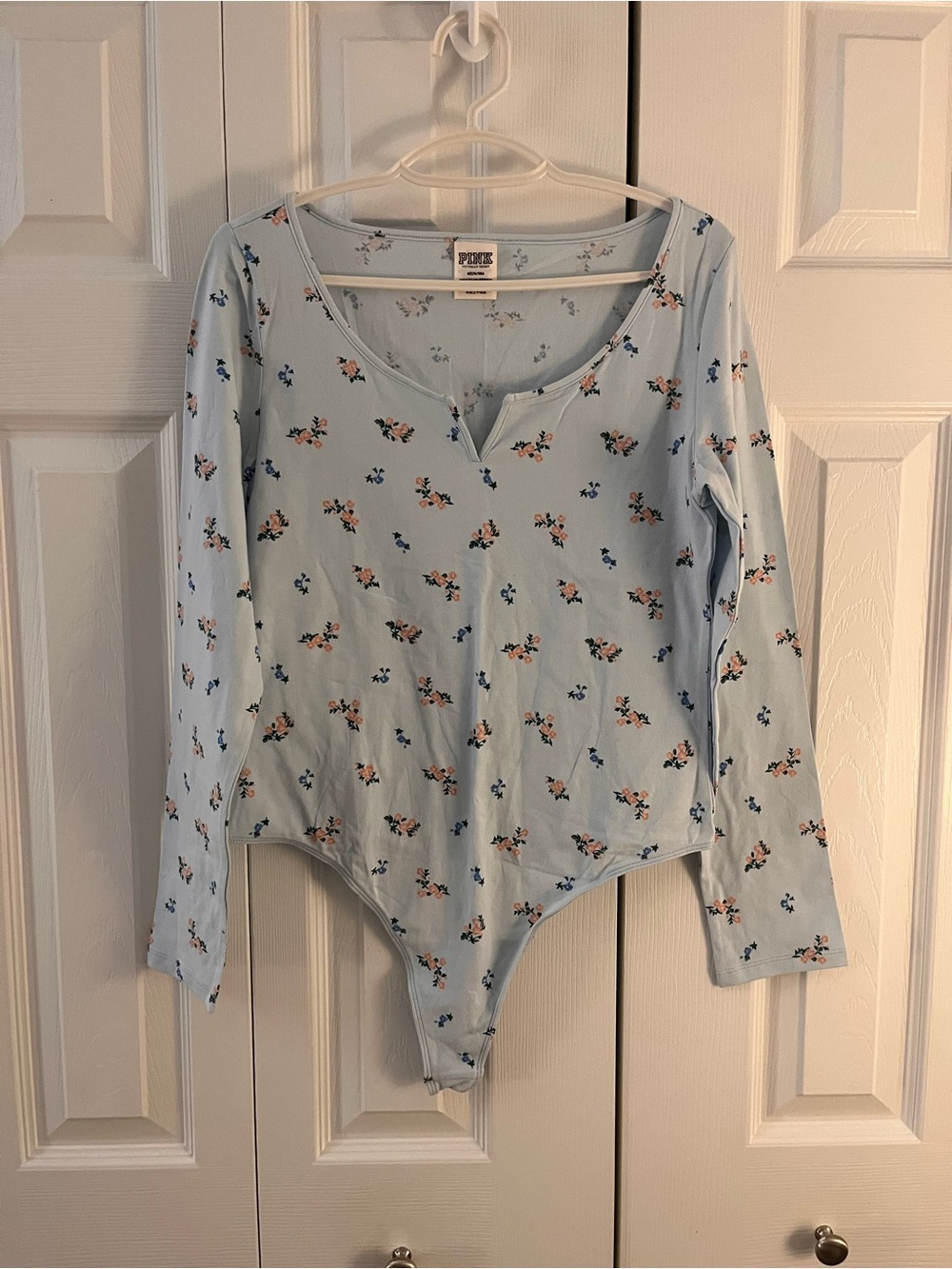 PINK Victoria's Secret Baby Blue Floral Long-Sleeve Bodysuit